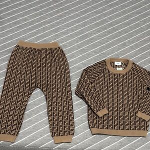 Fendi Tan and Black Logo Knit Set